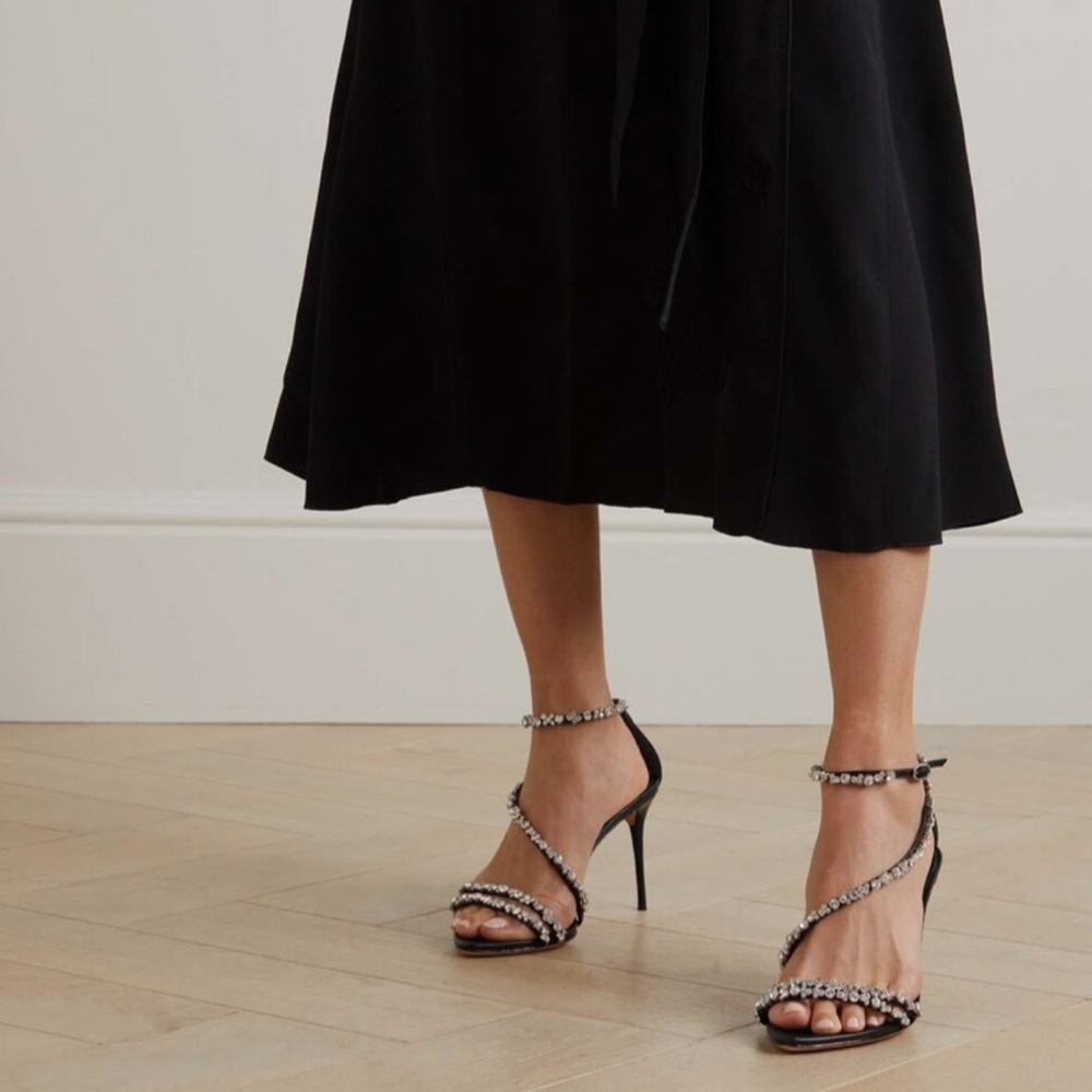 Alexandre Birman Demi Crystal Ankle-Strap Sandal 38.5 Black Black Silver Heels
